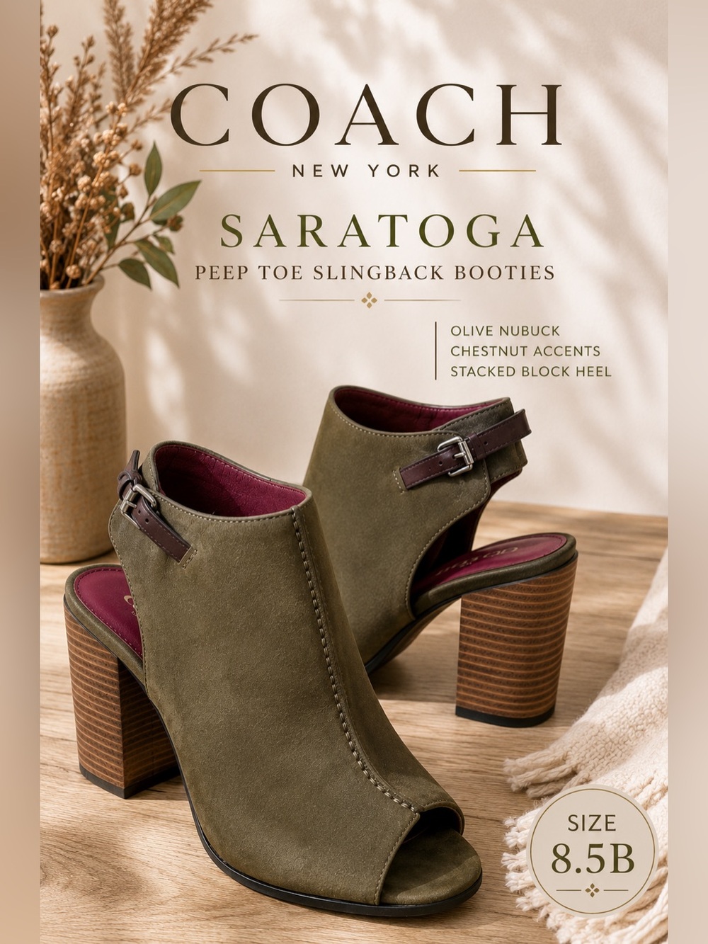 Coach Saratoga Olive Nubuck Peep Toe Slingback Booties 8.5B